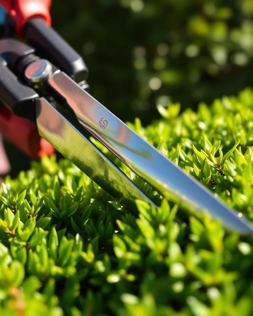 Close-up of professional shears trimming a green hedge